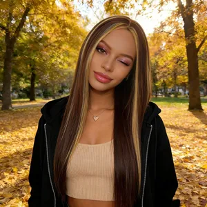 Long straight brunette wig with golden highlights and center part for women