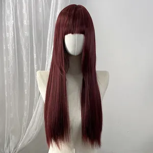 Detailed view of long straight wine red wig with bangs on a white model stand