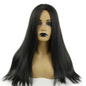 Women's long straight black Yaki hair wig with a natural middle part on mannequin