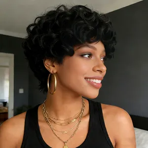 Short black curly afro wig for women with natural voluminous waves and high-gloss finish