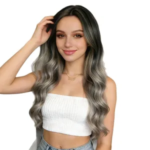 Long wavy ombre wig for women with black to silver ash blonde gradient hair