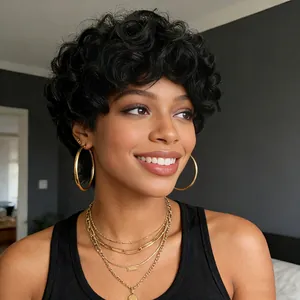Close-up of black short curly afro wig texture with golden layered necklace and earrings