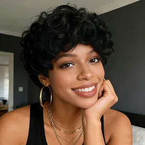 Short black afro curly wig for women with realistic texture and stylish hoop earrings