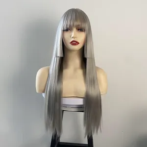 Detail of long silver grey wig with blunt bangs and hime-cut layers for a sleek look