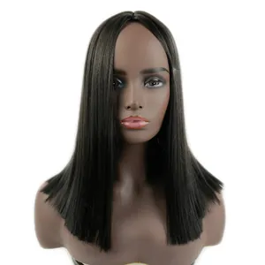Classic mid-length black straight synthetic wig with middle part on mannequin head