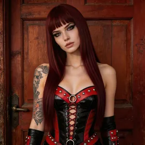 Gothic red and black faux leather corset with metal rivets and long straight hair wig