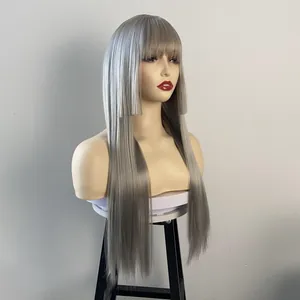 Detailed view of silver grey long straight wig with hime cut layers and flat bangs