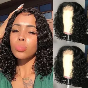 Macro view of short black deep wave curly wig with natural hairline texture