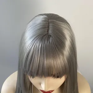 Detail of silver grey long straight wig with bangs showing smooth fiber texture