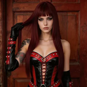 Long straight wine red wig with bangs for women in gothic style with metal rivets
