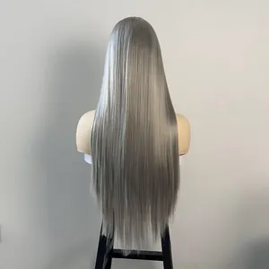 Macro view of long straight silver grey wig hair texture and smooth back display