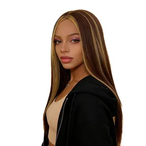 Long straight ombre brown wig with blonde highlights and face-framing hair highlights