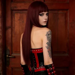 Deep red long straight wig with bangs paired with a gothic studded corset top