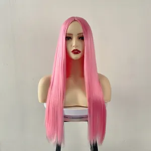 Detailed view of long straight pink synthetic wig with middle part on a mannequin head