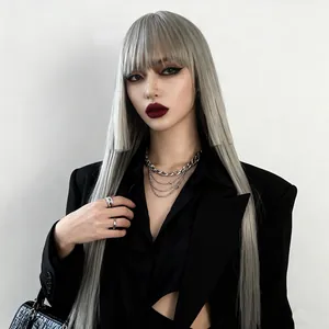 Women Long Straight Hime Cut Wig With Flat Bangs High Temperature Synthetic Fiber Fashion Cosplay Hairpiece Natural Headwear