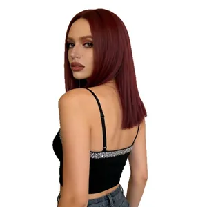 Long straight burgundy synthetic wig for women with center part and sleek fiber texture