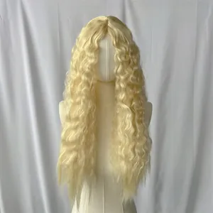 Front view of long blonde wavy wig with middle part on a beige mannequin head