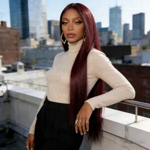 Long straight wine red synthetic wig for women with a sleek finish and middle part