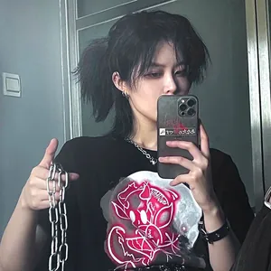 Unisex black short sleeve T-shirt with red and white demon print and silver chain