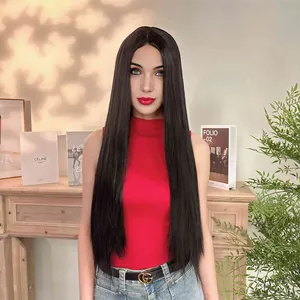 Long Black Straight Lace Front Wig For Women 26 Inch Synthetic Heat Resistant Fiber Middle Part Natural Looking Daily Party Wig