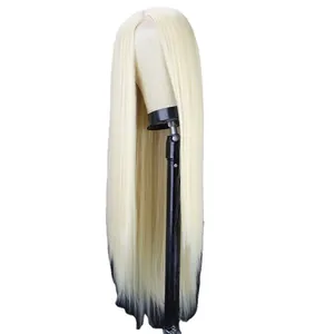 Long straight platinum blonde ombre wig with black tips on a mannequin stand