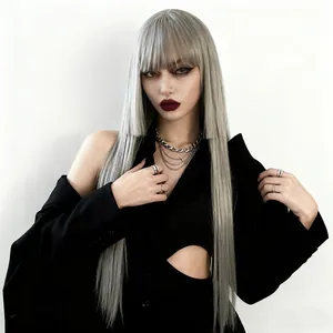 Long straight silver gray wig with blunt bangs and hime cut styling for women
