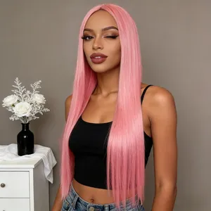 Long straight light pink middle part wig for women, 24-26 inch smooth synthetic hair