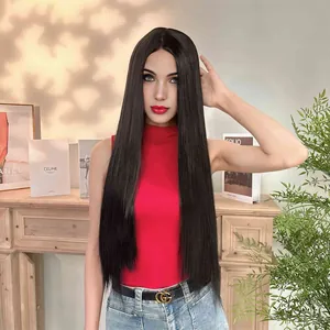 Long straight black synthetic lace wig with natural shine on fashion model