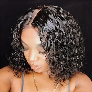 Close-up of black deep wave curly wig showing natural hairline and wet-look texture