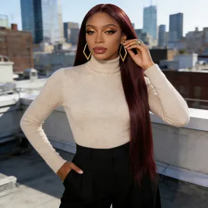 Elegant 28-inch long straight burgundy synthetic wig shown on model at city rooftop