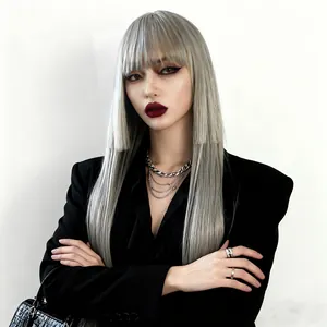 Long straight silver grey wig with bangs and hime cut layers for a modern stylish look