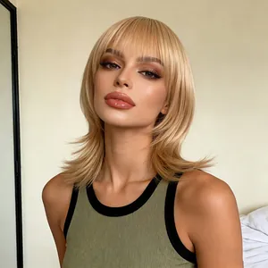 Women Mid Length Synthetic Wig Clavicle Hair Straight Inner Curl With Air Bangs Natural Heat Resistant Fiber Daily Wig