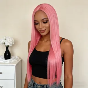 Long straight light pink wig with middle part style for women made of synthetic fiber