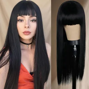 Women Long Straight Wig With Flat Bangs High Temperature Synthetic Fiber Heat Resistant Korean Style Natural Look Daily Party Full Head Wig