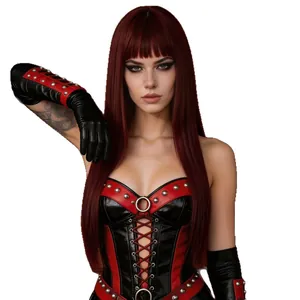 Long straight wine red wig with bangs for women in gothic style on white background