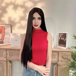 Long straight black synthetic lace wig shown on a mannequin in a cozy home setting