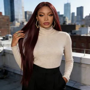 Long straight burgundy red synthetic hair wig for women in stylish urban outdoor setting