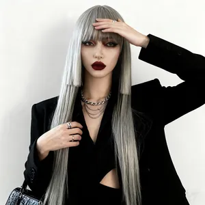 Long straight silver grey wig with blunt bangs and hime cut style for women