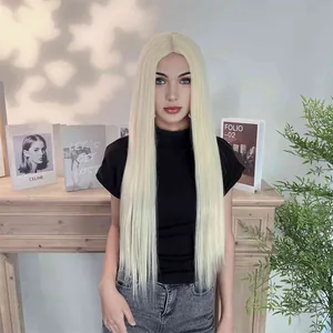 Peluca larga y lisa rubio platino con raya al medio y textura de cabello natural