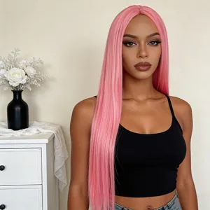 Long straight light pink wig with middle part design for women, shown on model