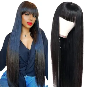 Long straight black hair wig with bangs and dark blue highlights on a female model