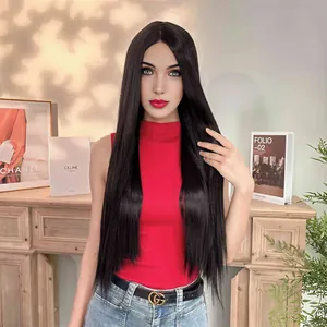 Long straight black synthetic lace wig for women styled in a realistic indoor setting
