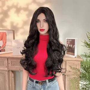 Detailed close-up of a long black wavy synthetic lace front wig with middle part style