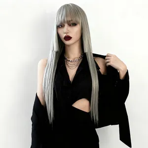 Detail of silver grey long straight wig with bangs and side layers on a fashion model