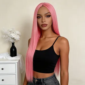 Women Long Straight Synthetic Wig Middle Part Heat Resistant Fiber Pink Black Brown Gray White For Daily Cosplay Party Hair