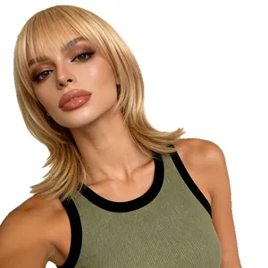 Fashionable blonde bob wig with bangs and layered ends for a stylish feminine look