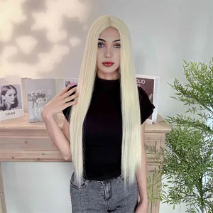 Peluca rubia larga y lisa con raya al medio, cabello sintético natural de encaje frontal