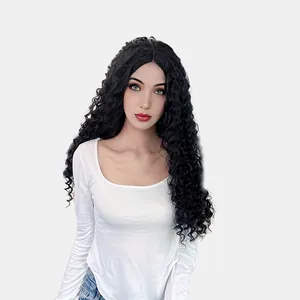 Perruque longue noire aux boucles spirales pour femmes avec volume et brillance