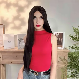 Close-up of long straight black synthetic wig with center part on female model