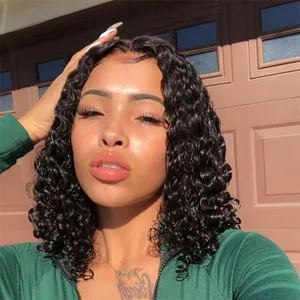 Short Black Afro Kinky Curly Wig For Women Synthetic High Temperature Fiber Water Wave Bob Middle Part African Hair Extension